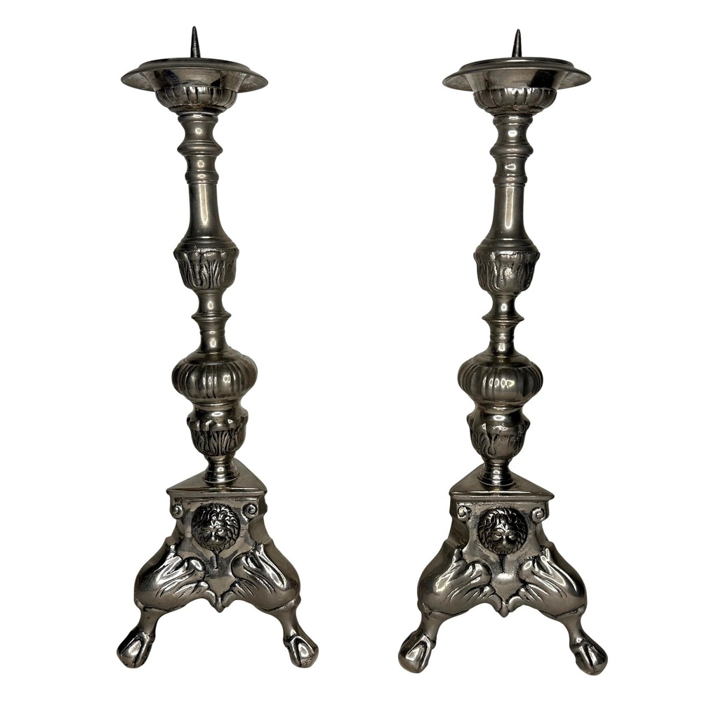 Vintage Gothic Lion Head Pricket Altar Candlesticks Pair Silver Paw Feet 17"